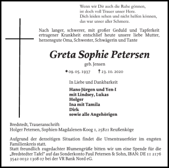Traueranzeige von Greta Sophie Petersen von Husumer Nachrichten