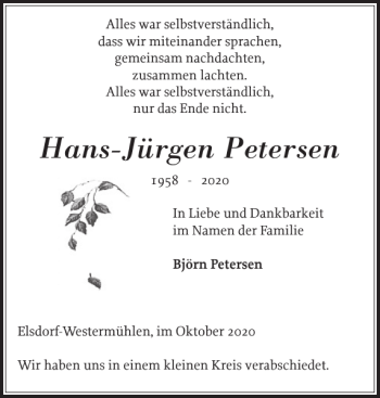 Traueranzeige von Hans-Jürgen Petersen von Landeszeitung