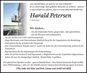 Traueranzeige von Harald Petersen von Flensburger Tageblatt