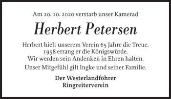 Traueranzeige von Herbert Petersen von Der Insel-Bote