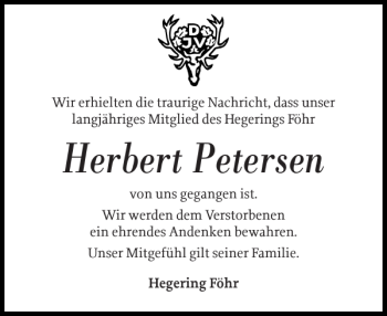 Traueranzeige von Herbert Petersen von Der Insel-Bote