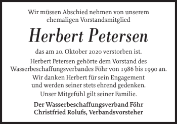 Traueranzeige von Herbert Petersen von Der Insel-Bote