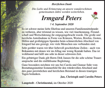 Traueranzeige von Irmgard Peters von Flensburger Tageblatt