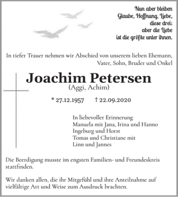 Traueranzeige von Joachim Petersen von Flensburger Tageblatt