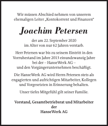 Traueranzeige von Joachim Petersen von Schleswiger Nachrichten