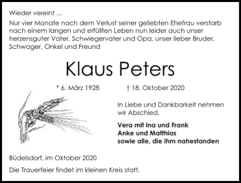 Traueranzeige von Klaus Peters von Landeszeitung