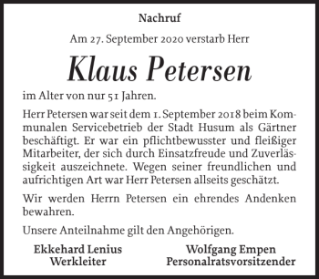 Traueranzeige von Klaus Petersen von Husumer Nachrichten