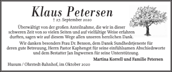 Traueranzeige von Klaus Petersen von Husumer Nachrichten