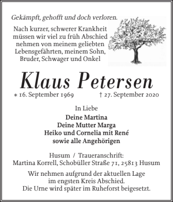 Traueranzeige von Klaus Petersen von Husumer Nachrichten
