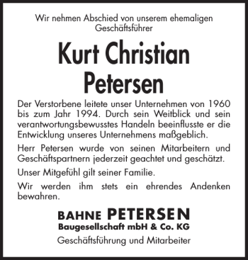 Traueranzeige von Kurt Christian Petersen von Husumer Nachrichten
