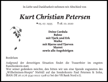 Traueranzeige von Kurt Christian Petersen von Husumer Nachrichten