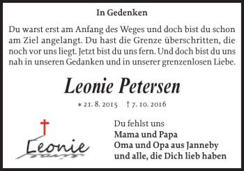 Traueranzeige von Leonie Petersen von Flensburger Tageblatt