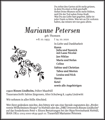 Traueranzeige von Marianne Petersen von Nordfriesland Tageblatt