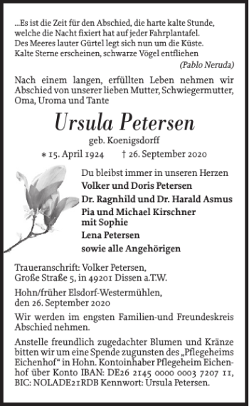 Traueranzeige von Ursula Petersen von Landeszeitung