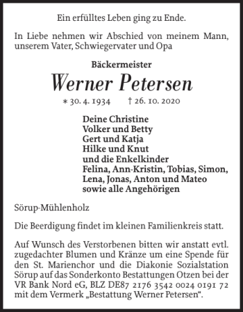Traueranzeige von Werner Petersen von Flensburger Tageblatt