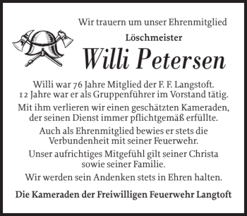 Traueranzeige von Willi Petersen von Nordfriesland Tageblatt