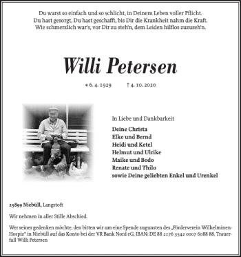 Traueranzeige von Willi Petersen von Nordfriesland Tageblatt