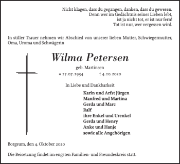 Traueranzeige von Wilma Petersen von Der Insel-Bote