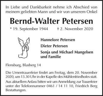 Traueranzeige von Bernd-Walter Petersen von Flensburger Tageblatt