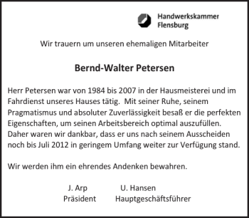 Traueranzeige von Bernd-Walter Petersen von Flensburger Tageblatt