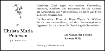 Traueranzeige von Christa Maria Petersen von Pinneberger Tageblatt