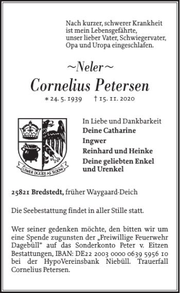 Traueranzeige von Cornelius Petersen von Nordfriesland Tageblatt