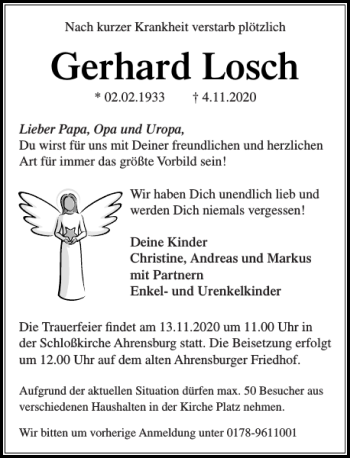 Traueranzeige von Gerhard Losch von Stormarner Tageblatt