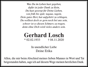 Traueranzeige von Gerhard Losch von Stormarner Tageblatt