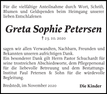 Traueranzeige von Greta Sophie Petersen von Husumer Nachrichten