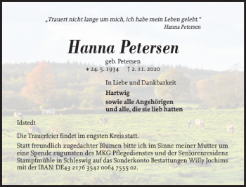 Traueranzeige von Hanna Petersen von Schleswiger Nachrichten