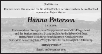 Traueranzeige von Hanna Petersen von Schleswiger Nachrichten