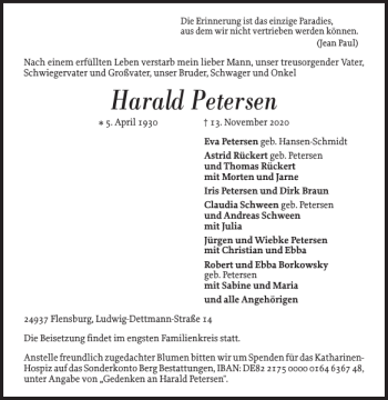Traueranzeige von Harald Petersen von Flensburger Tageblatt