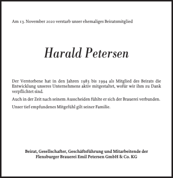 Traueranzeige von Harald Petersen von Flensburger Tageblatt