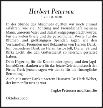 Traueranzeige von Herbert Petersen von Der Insel-Bote