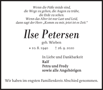 Traueranzeige von Ilse Petersen von Schleswiger Nachrichten