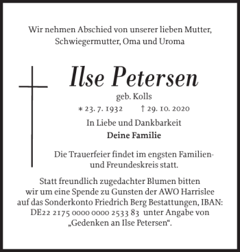 Traueranzeige von Ilse Petersen von Flensburger Tageblatt
