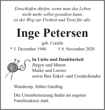 Traueranzeige von Inge Petersen von Husumer Nachrichten
