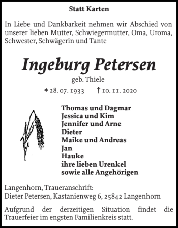 Traueranzeige von Ingeburg Petersen von Husumer Nachrichten