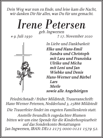 Traueranzeige von Irene Petersen von Husumer Nachrichten