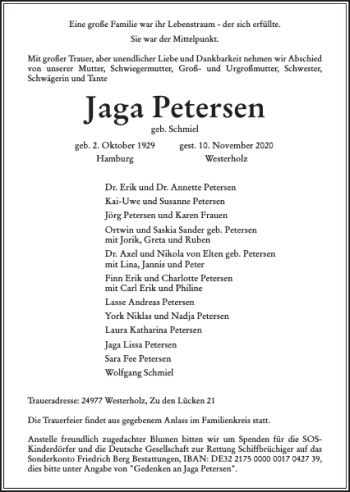 Traueranzeige von Jaga Petersen von Flensburger Tageblatt
