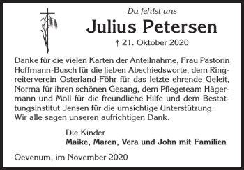 Traueranzeige von Julius Petersen von Der Insel-Bote