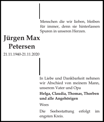 Traueranzeige von Jürgen Max Petersen von Flensburger Tageblatt