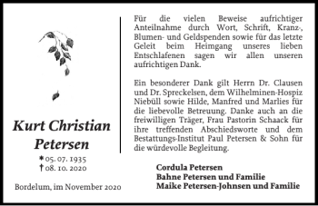 Traueranzeige von Kurt Christian Petersen von Husumer Nachrichten