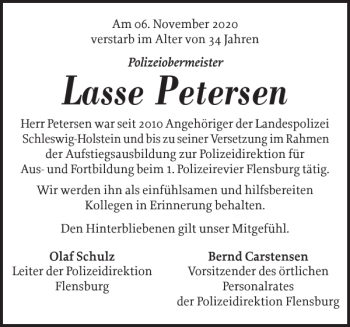 Traueranzeige von Lasse Petersen von Flensburger Tageblatt