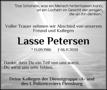 Traueranzeige von Lasse Petersen von Flensburger Tageblatt