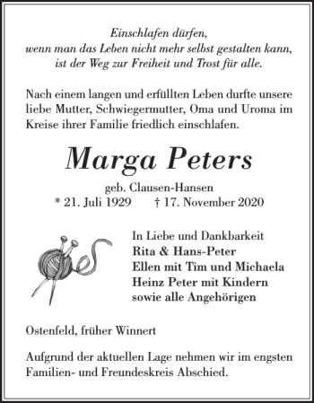 Traueranzeige von Marga Peters von Husumer Nachrichten
