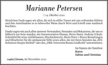 Traueranzeige von Marianne Petersen von Nordfriesland Tageblatt