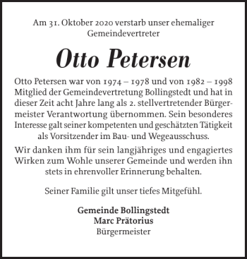 Traueranzeige von Otto Petersen von Flensburger Tageblatt