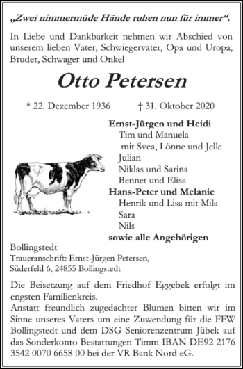 Traueranzeige von Otto Petersen von Flensburger Tageblatt