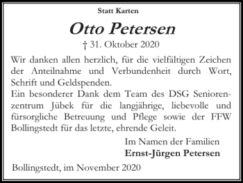 Traueranzeige von Otto Petersen von Flensburger Tageblatt